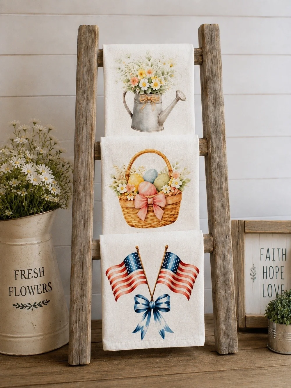 Set of 3 Decorative Tea Towels with Spring & Patriotic Prints